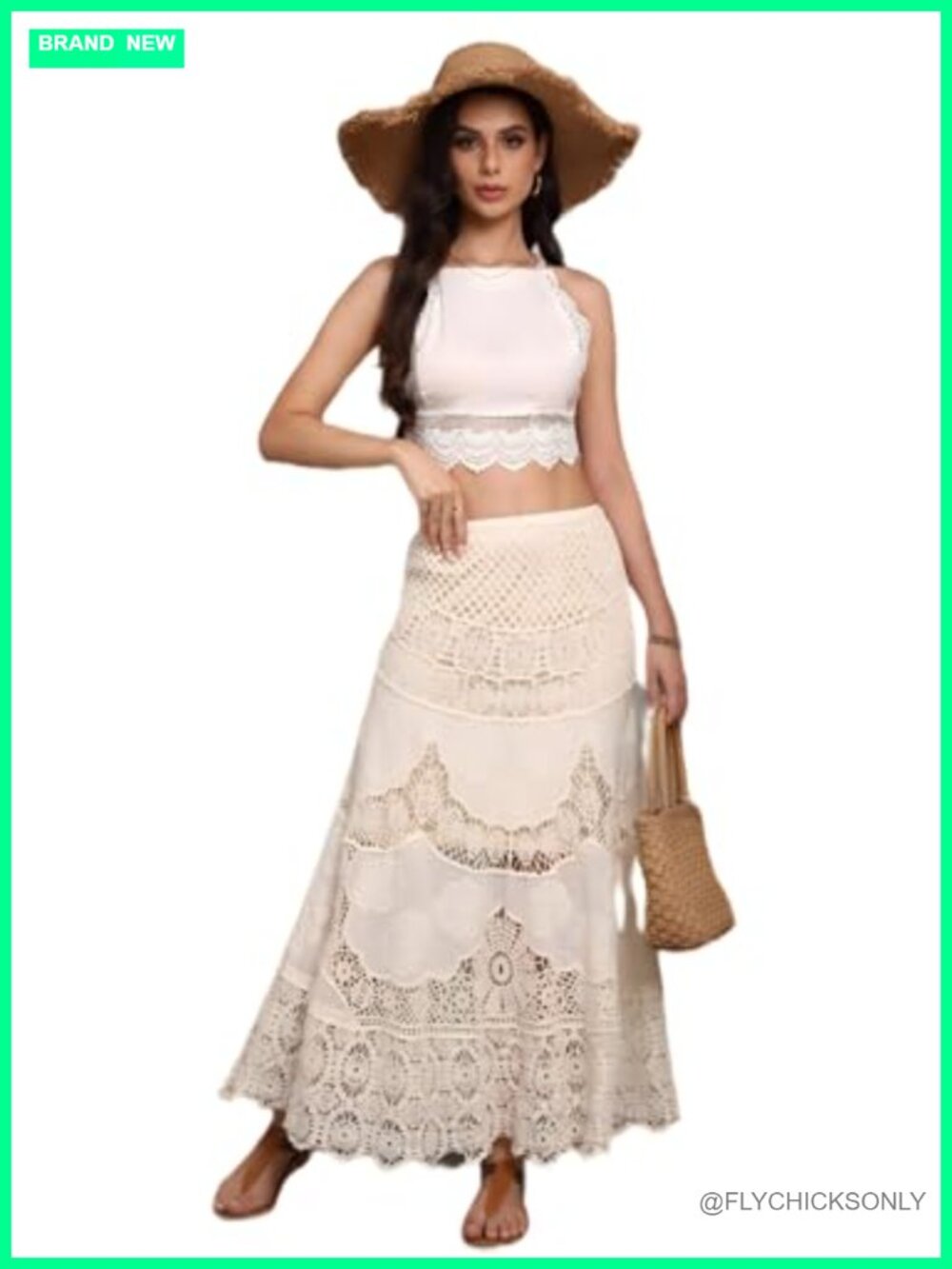 Women's Crochet Maxi Skirt High Waisted Eyelet Lace Flowy A-Line Beach Cover Up